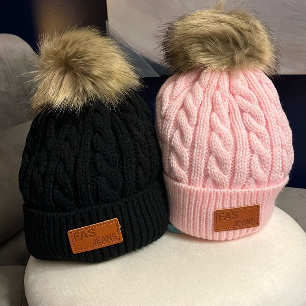 NWOT Pair (2) of Fas Jeans toddler beanies with Pom Pom